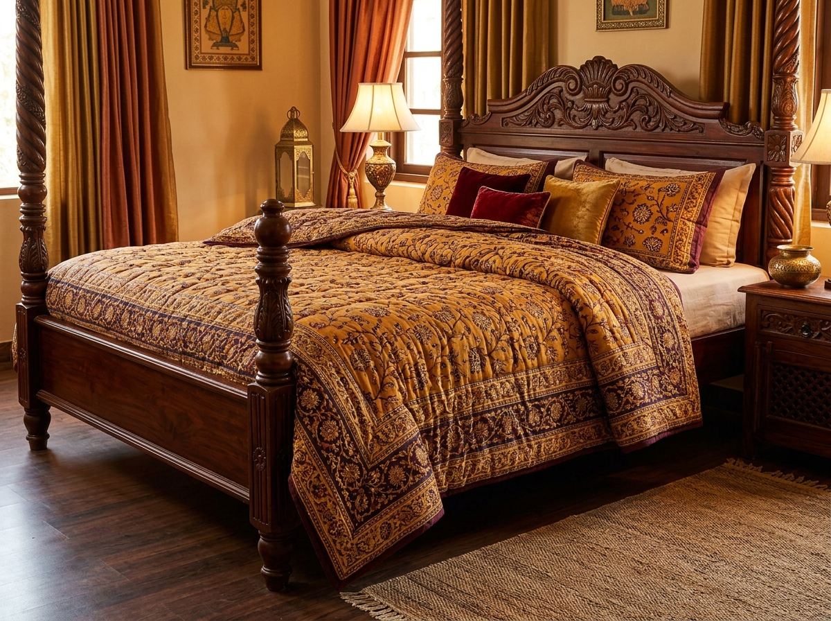 Handcrafted Jaipuri Gold Floral Cotton Razai Comforter